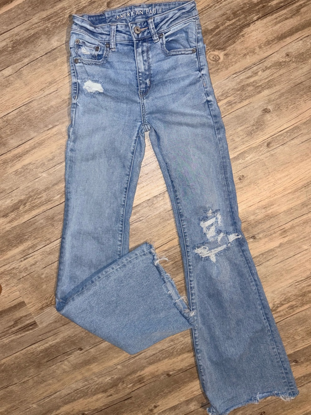 American Eagle Outfitters Distressed High-Rise Flare Jeans - Light Blue